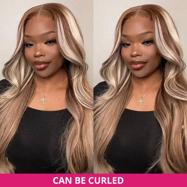 Ishow PPB Wig With Brown and Blonde Highlights On Model, Styled Straight With Wavy Layers