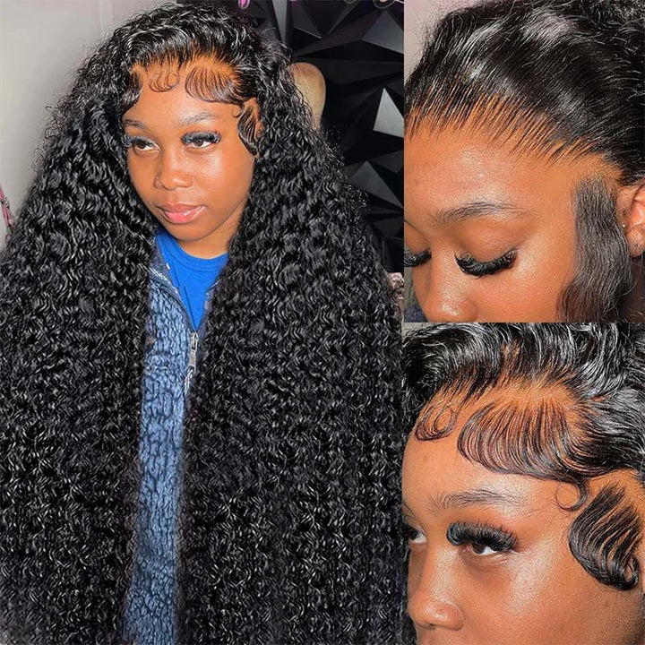 Woman With Long, Defined Brazilian Curly Hair Wig Showcasing Baby Hairs and Natural Curls