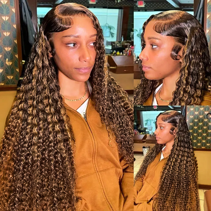 Model With Honey Blonde Deep Wave Hair Extensions Styled Elegantly