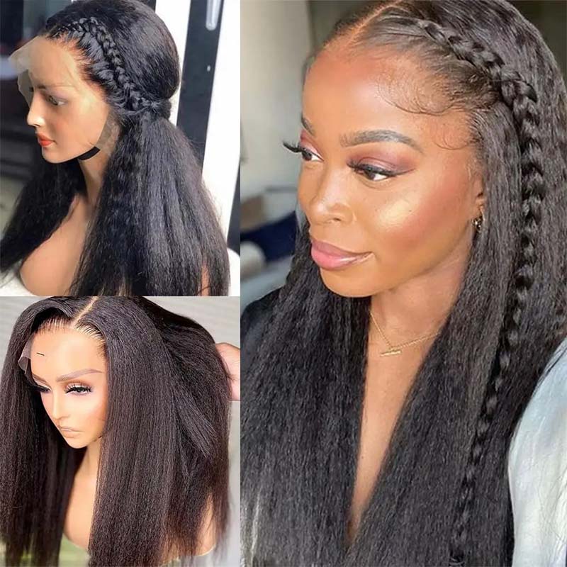 Kinky Straight Human Hair Wig Styled With Braids and Straight, Showcasing Versatility
