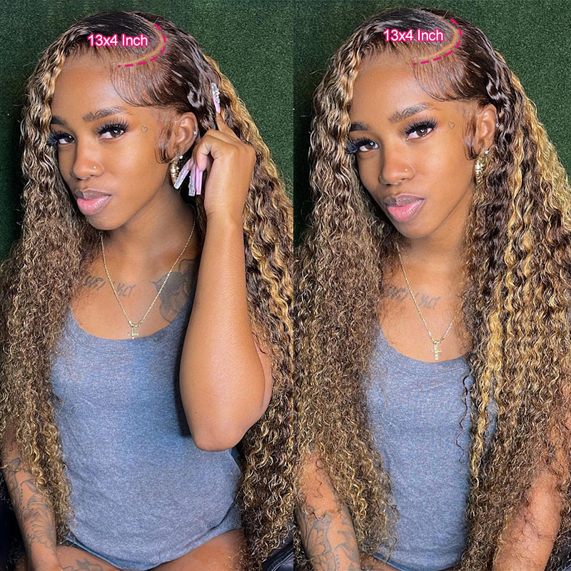 Woman wearing Ishow Honey Blonde Deep Wave Wig with HD Lace, middle part, 100% human hair