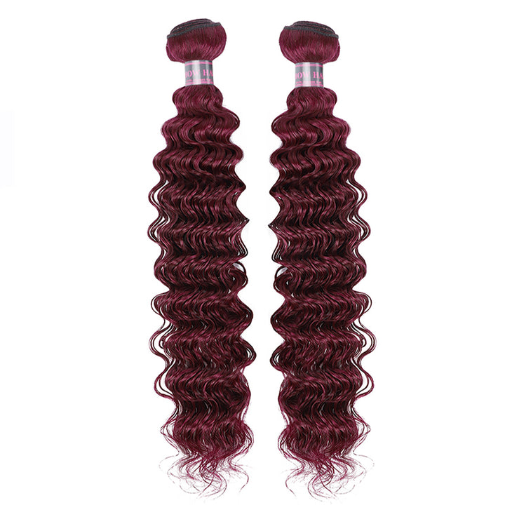 99J Burgundy Deep Wave Hair Bundles With Bouncy Curls and Shiny Surface