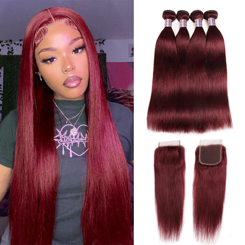 99J Burgundy Straight Human Hair Bundles With Closure Displayed Next to Model