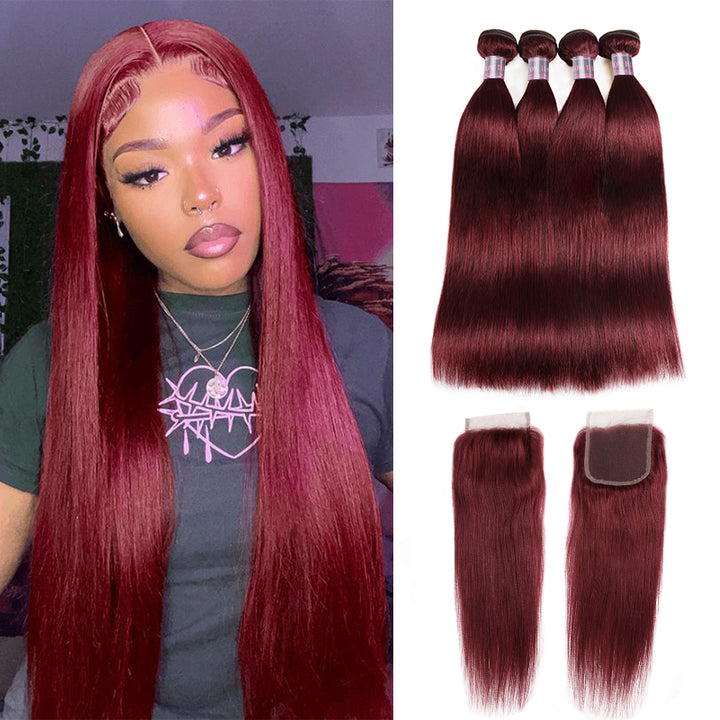99J Burgundy Straight Human Hair Bundles With Closure Displayed Next to Model
