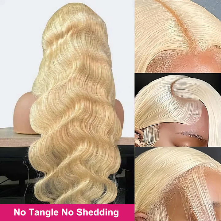 613 Body Wave Blonde Wig Showcasing Seamless Lace Front and Smooth, Wavy Locks