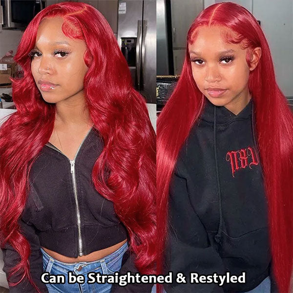 Model Demonstrating Ishow Hair Red Body Wave Wig Styled Straight Or Wavy