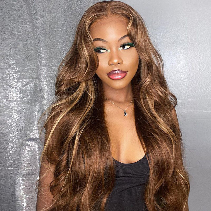 28-Inch Honey Blonde Highlights Wig Styled in Soft Waves, Model With Natural Makeup
