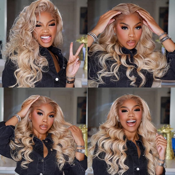 Joyful Model Wearing Barbie Blonde Body Wave Wig, Posing With Playful Expressions