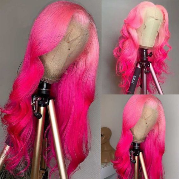 Bright Rose Pink Body Wave Lace Frontal Wig Showcased On a Wig Stand