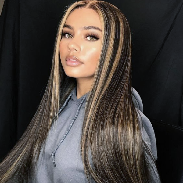Highlighted 1b/27 color blend straight human hair wig, worn by woman and displayed on mannequin
