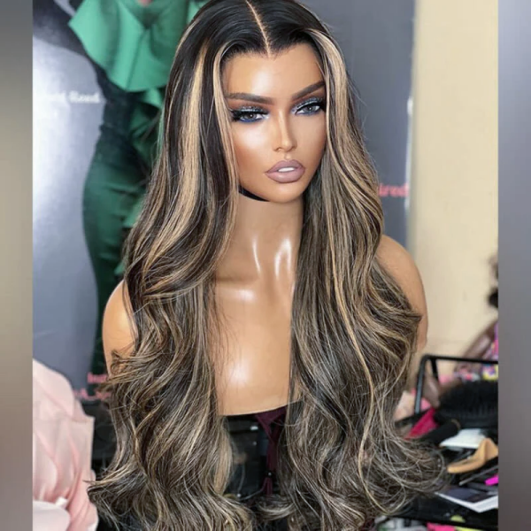 30 Inch Body Wave Glueless Wig With 1B/27 Highlights On Mannequin Display
