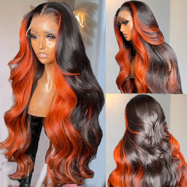 Ginger Black Body Wave Wig With Highlights Styled On a Mannequin