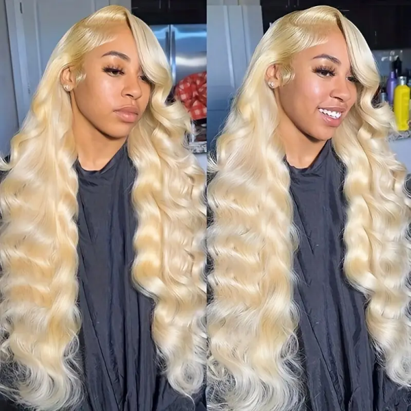 Lustrous 613 Blonde Body Wave Wig Styled Beautifully On a Model