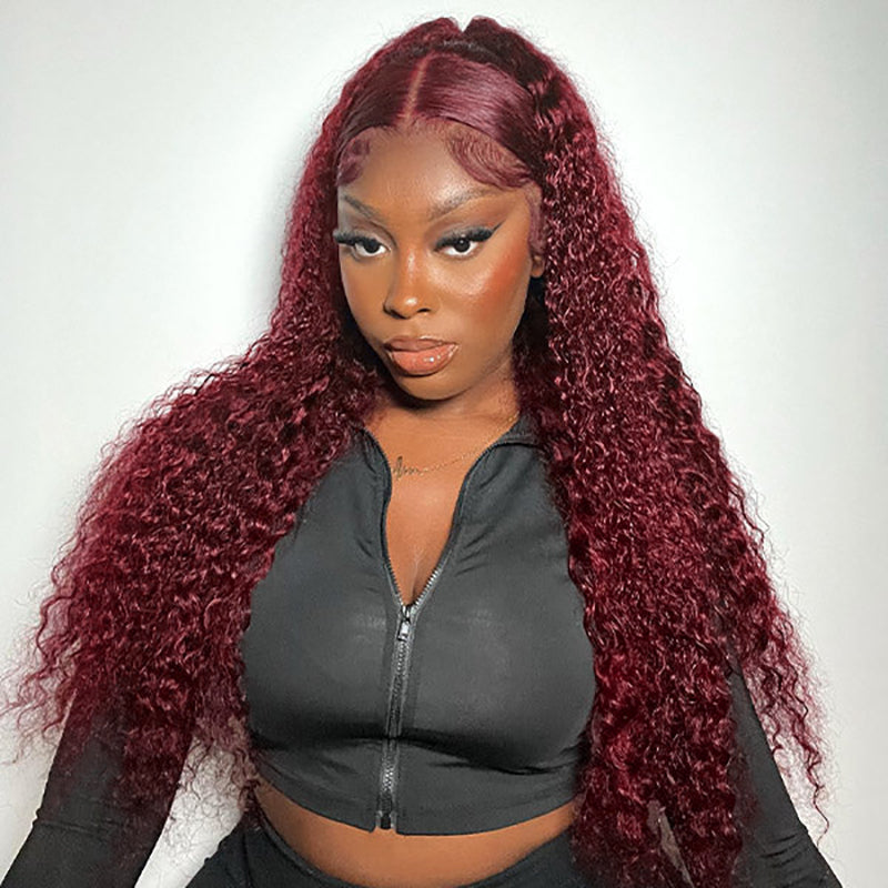 Model Wearing 99J Burgundy Deep Wave Wig, Showcasing Various Styles and Glossy Curls