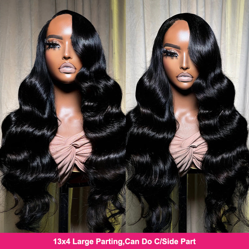 30-Inch Body Wave Lace Front Wig Displayed On Mannequin With Large Parting