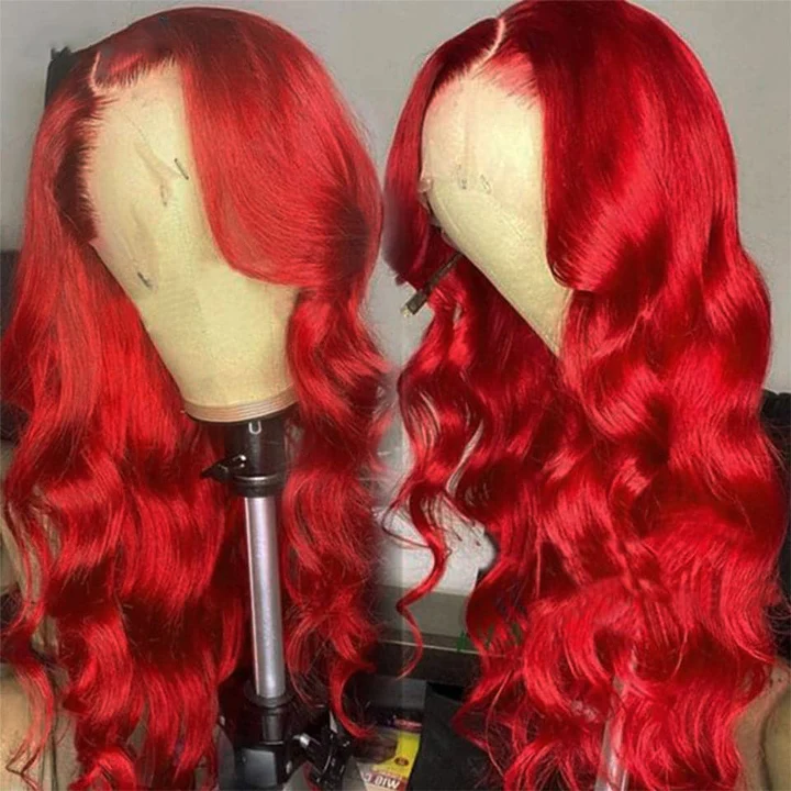 Woman wearing vibrant red body wave human hair wig with 5x5 HD lace closure alongside the same wig on a mannequin, showcasing pre-plucked hairlines from Ishow Beauty