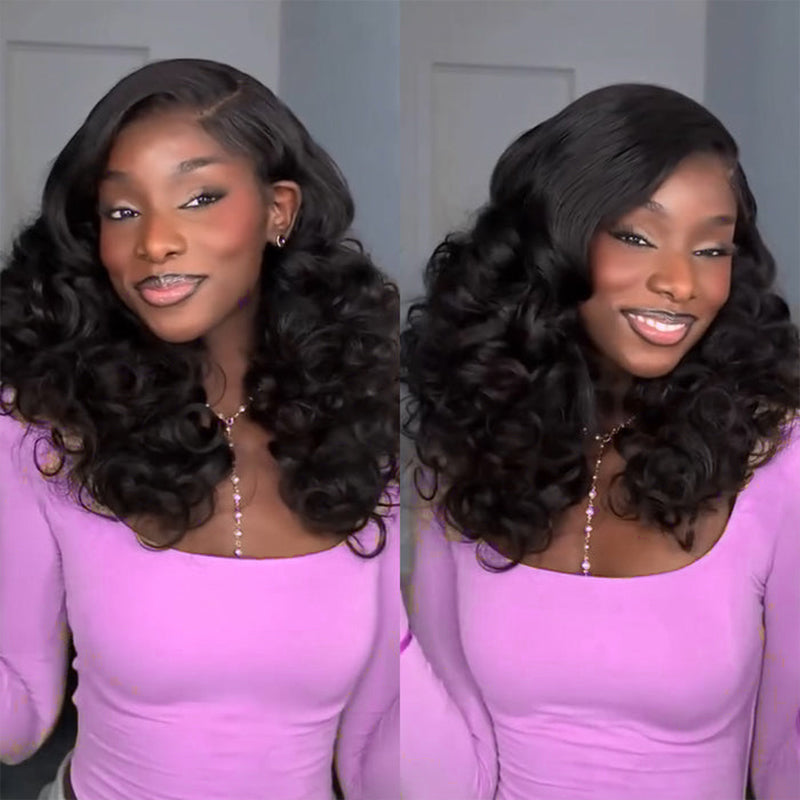 A model wearing a funmi curly lace front human hair wig with a natural black color.