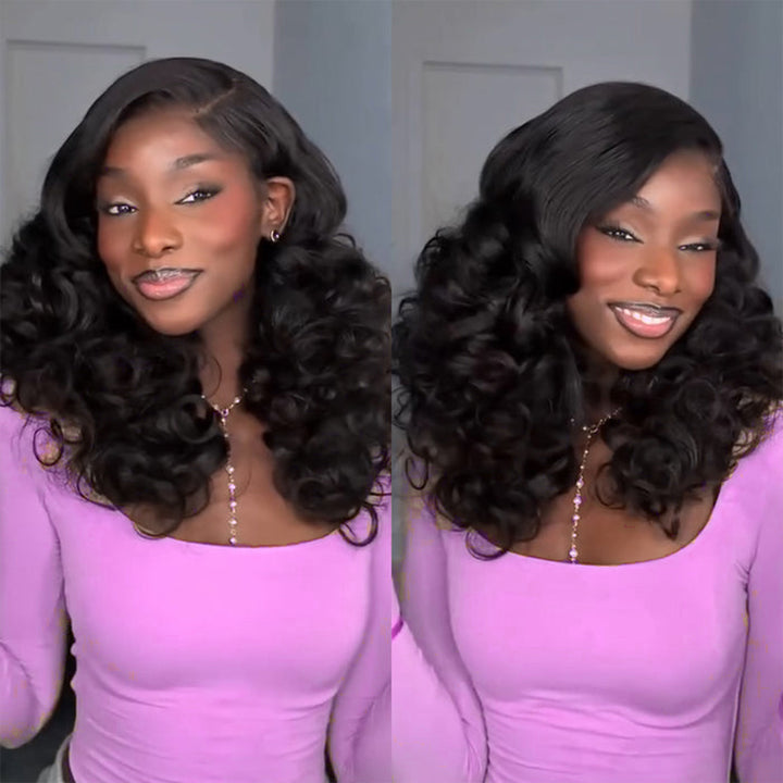 A model wearing a funmi curly lace front human hair wig with a natural black color.