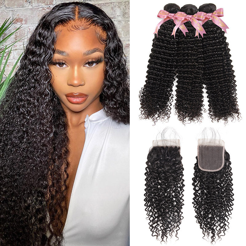 Model Presenting Loose Deep Wave Human Hair Bundles and HD Lace Closure