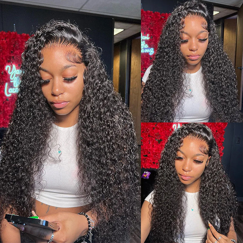 Woman Showcasing Long, Bouncy Deep Wave Hair Wig in Natural Black