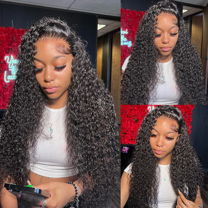 Woman Showcasing Long, Bouncy Deep Wave Hair Wig in Natural Black