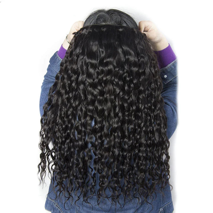 Displaying Natural Black Water Wave Hair Extensions Held By a Person