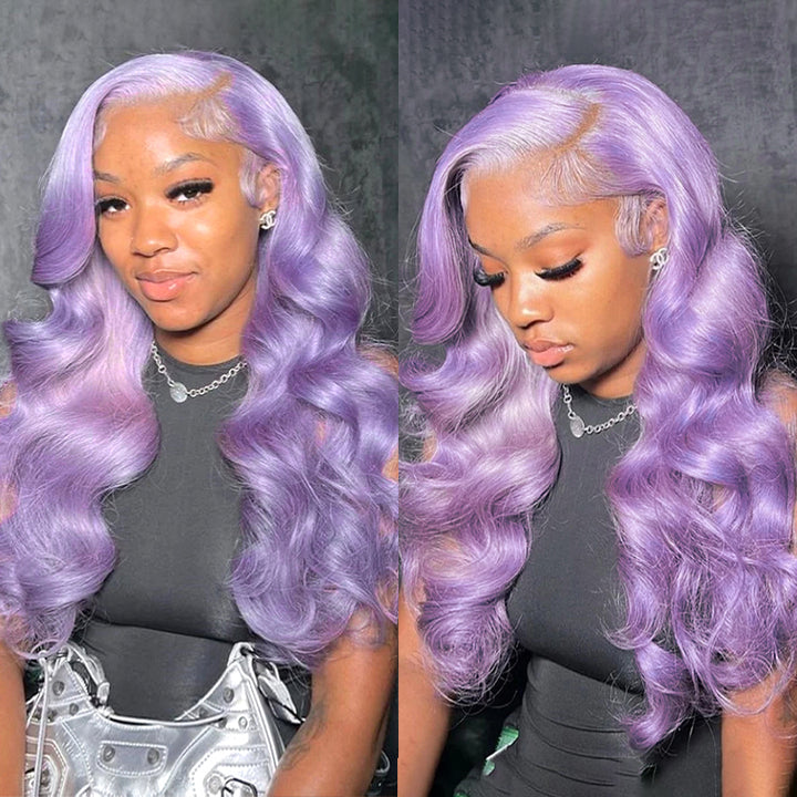 Light Purple Body Wave Wig On Model With Stylish Waves and Glowing Skin