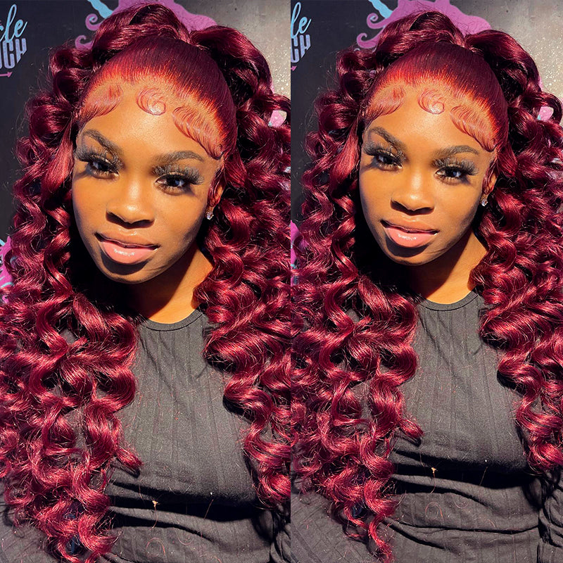 Model Flaunting Vibrant Burgundy Loose Wave Hair Extensions