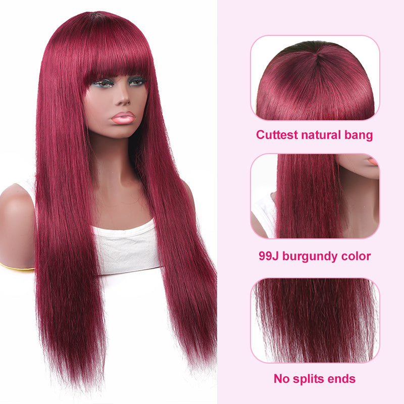 99J Burgundy Color Straight Hair No Lace Wig With Bangs - IshowHair