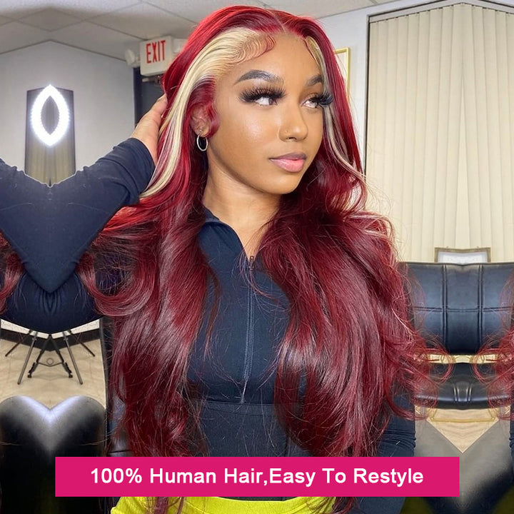 99J Burgundy With 613 Blonde Highlights 13x4 Bone Straight Skunk Stripe Wig HD Lace Wigs