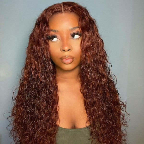 Model Showcasing 30-Inch Auburn Deep Wave Wig With Shiny Curls and a Natural Style