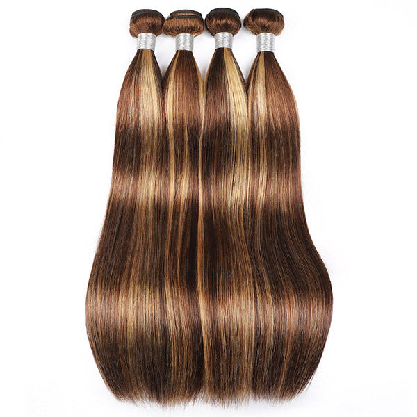 Honey Blonde Highlight Straight Human Hair Bundles Set in P4/27 Color, 4 Pieces