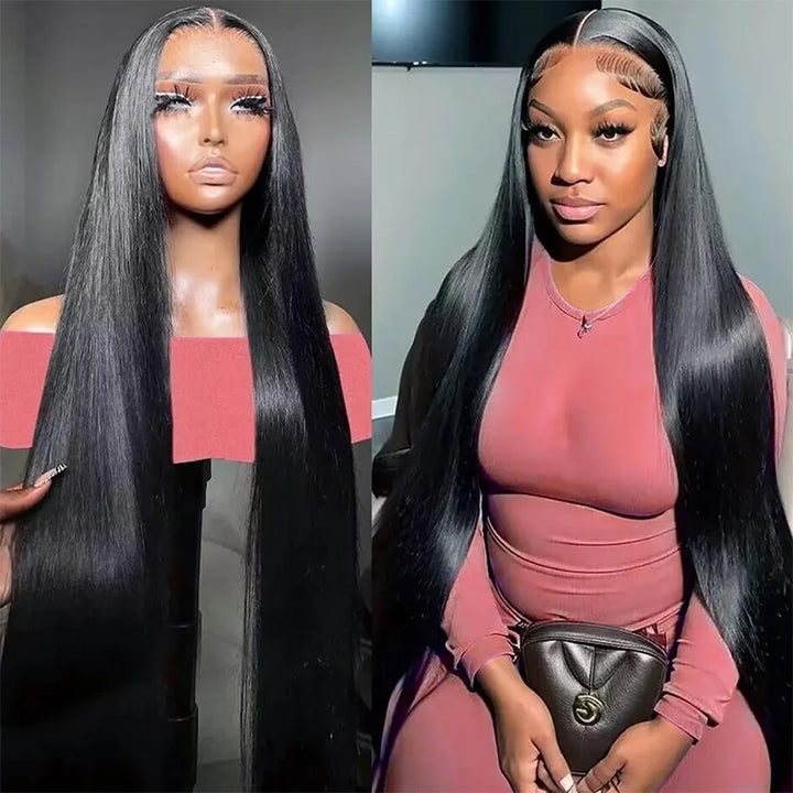 Model and Mannequin Showcasing Ishow Straight Black Lace Front Wig 40 Inches