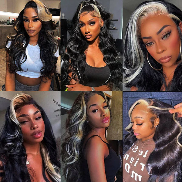 Collage of Models With Blonde Skunk Stripe Body Wave Wigs in Various Hairstyles