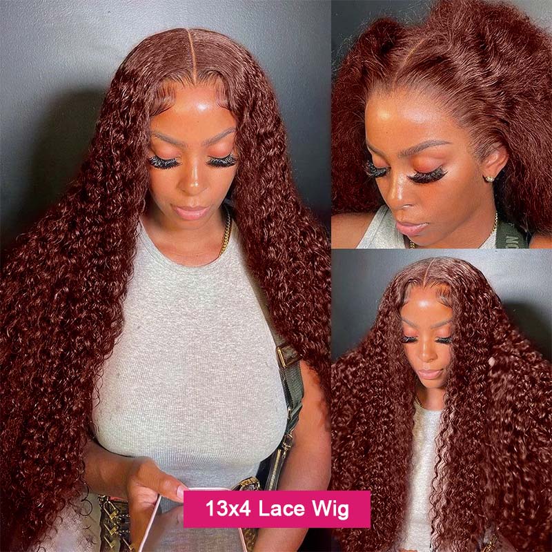 Model Wearing 13X4 Reddish Brown Deep Curly Lace Front Wig With Defined Curls