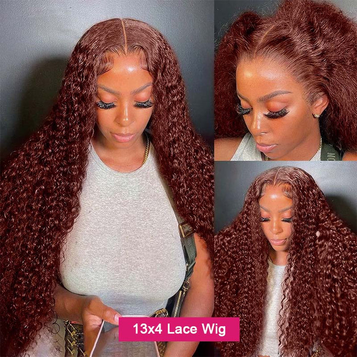 Model Wearing 13X4 Reddish Brown Deep Curly Lace Front Wig With Defined Curls