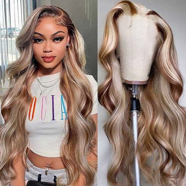 Woman with long body wave wig with brown and blonde highlights from Ishow Beauty, smiling while seated indoors.