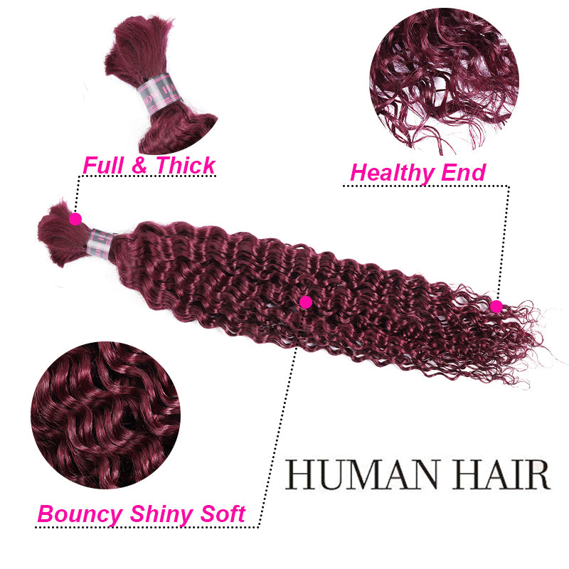 Burgundy Deep Wave Human Hair Bulk, Full, Thick, Healthy, and Shiny.