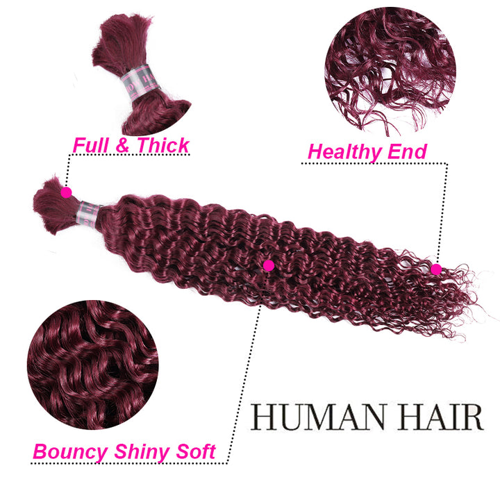 Burgundy Deep Wave Human Hair Bulk, Full, Thick, Healthy, and Shiny.