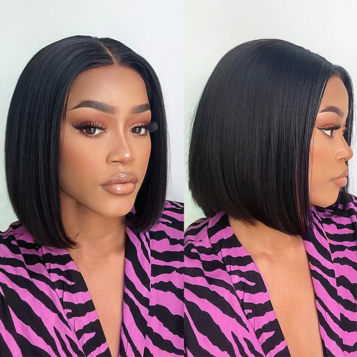 Black Bob Wig On Woman, Front and Side View