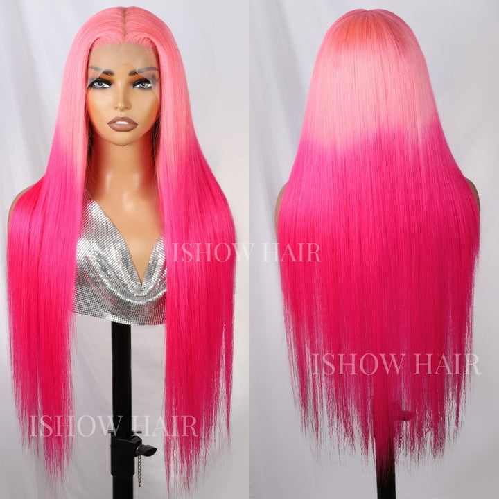 Barbie Pink Straight Human Hair Wig Displayed On a Mannequin With Ombre Effect