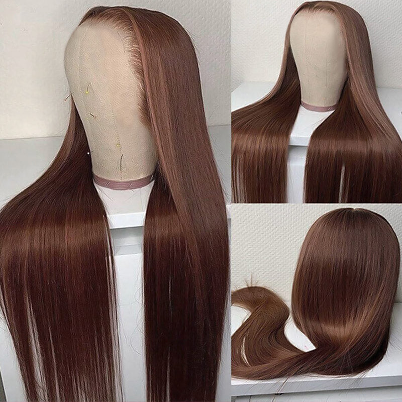 Brown Glueless Human Hair Wig Displayed On Mannequin Head, Sleek Straight Style