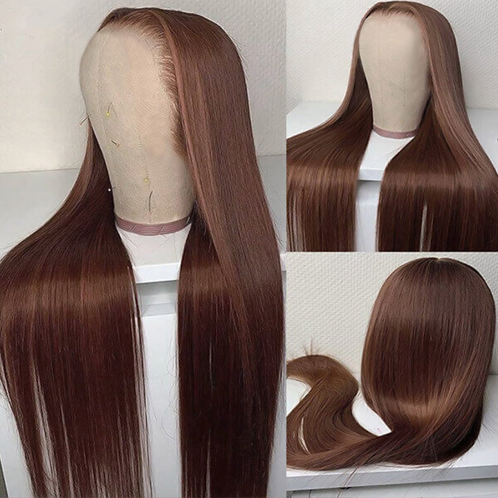 Brown Glueless Human Hair Wig Displayed On Mannequin Head, Sleek Straight Style