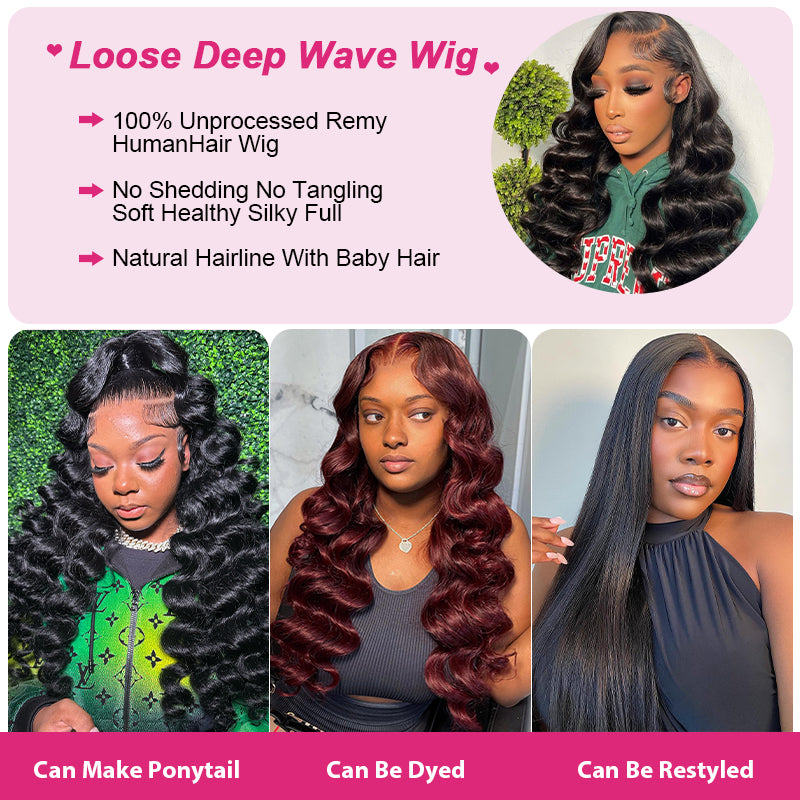 Loose Deep Wave Wig Display Featuring Three Styles and Styling Options