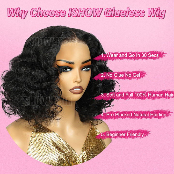 Ishow glueless wig on a mannequin head with 5 advantages on a pink background