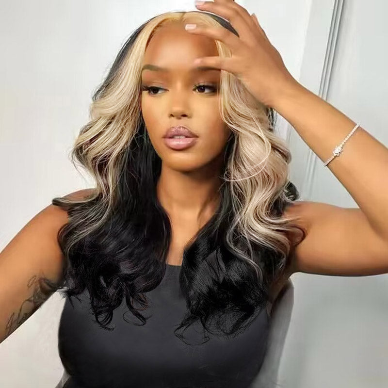 Model Wearing Body Wave Lace Frontal Wig With Blonde Skunk Stripes