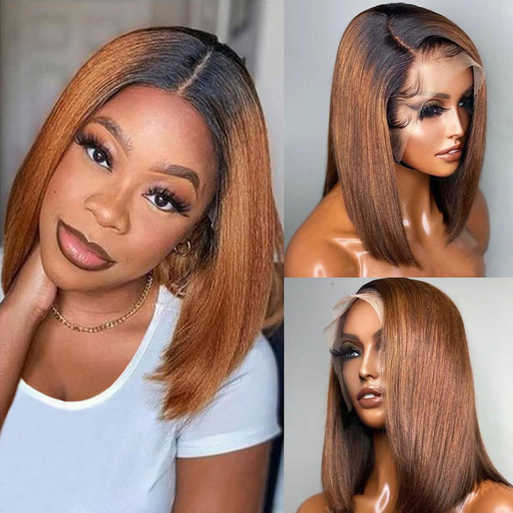 T1B/30 Straight Bob Wig Displayed On Model and Mannequin Showing Sleek Style