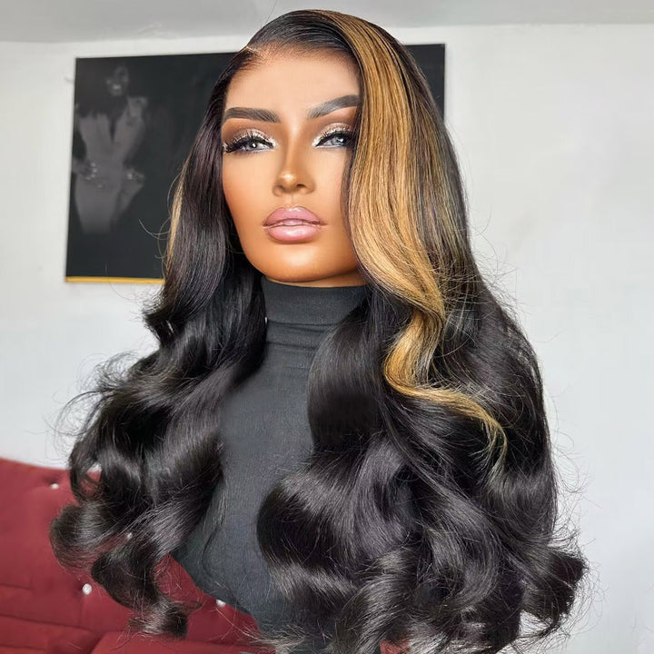 Wavy Black and Blonde-Highlighted Wig On Model in Black Turtleneck