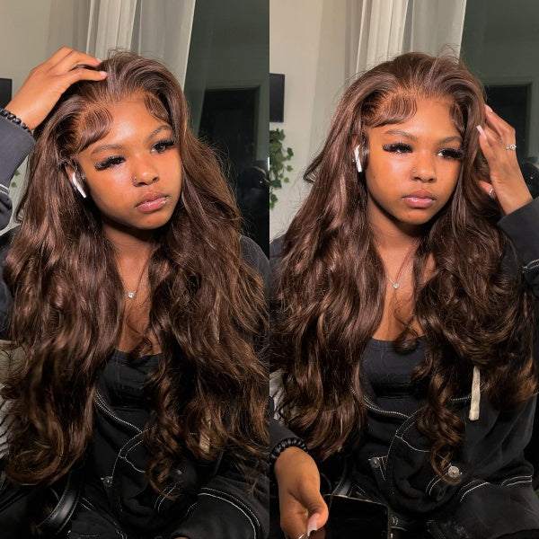 Model With Long Brown Body Wave Wig Showcasing Natural Shine and Loose Curls