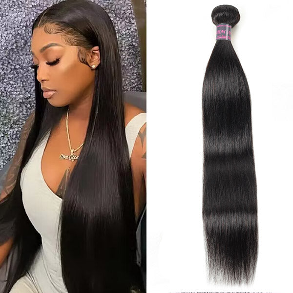 Model Showcasing Sleek Straight Natural Black Human Hair Bundle